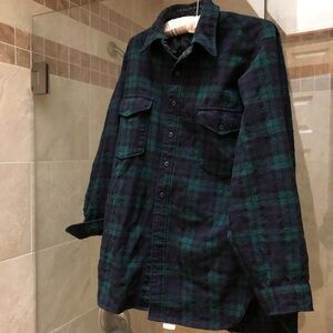Vintage 50s Pendleton Wool Black Watch Tartan Plaid Green Mens L 17 large long